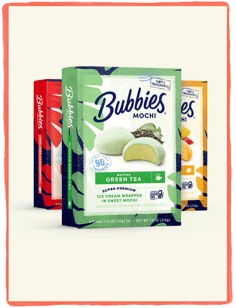 Variety of Bubbies Ice Cream Mochi; including Strawberry, Matcha Green Tea, and Alphonso Mango.